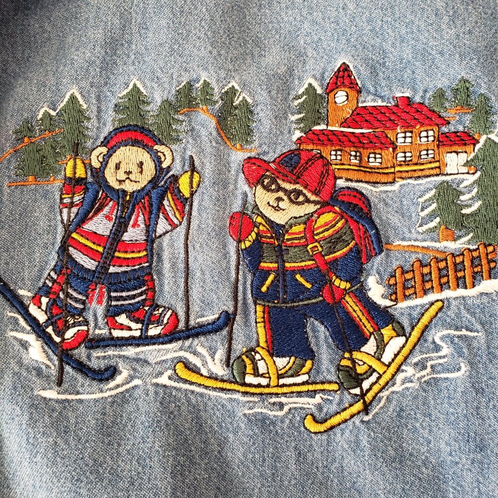 Let's Quizz Again Vintage Embroidered Skiing Bears Denim Shirt - Picture 4 of 11